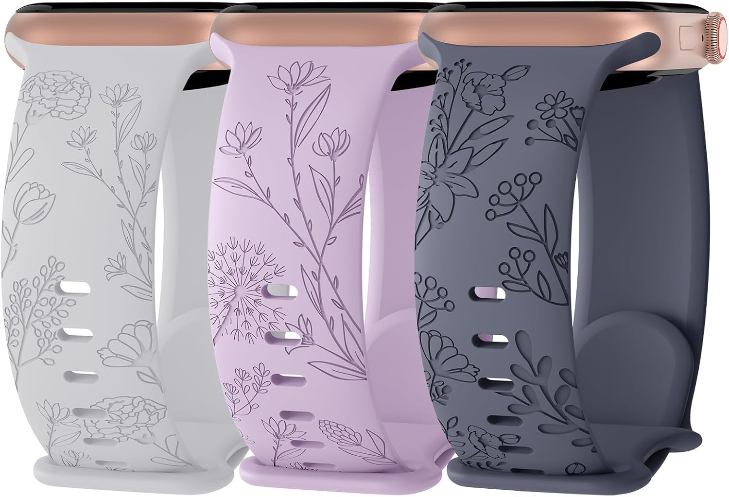 3 Pack Floral Engraved Silicone Bands Compatible with Apple Watch Band 38Mm 40Mm 41Mm 42Mm 44Mm 45Mm 49Mm Women, Soft Sport Wildflower Strap for Iwatch Ultra Series 9 8 SE 7 6 5 4 3 2 1