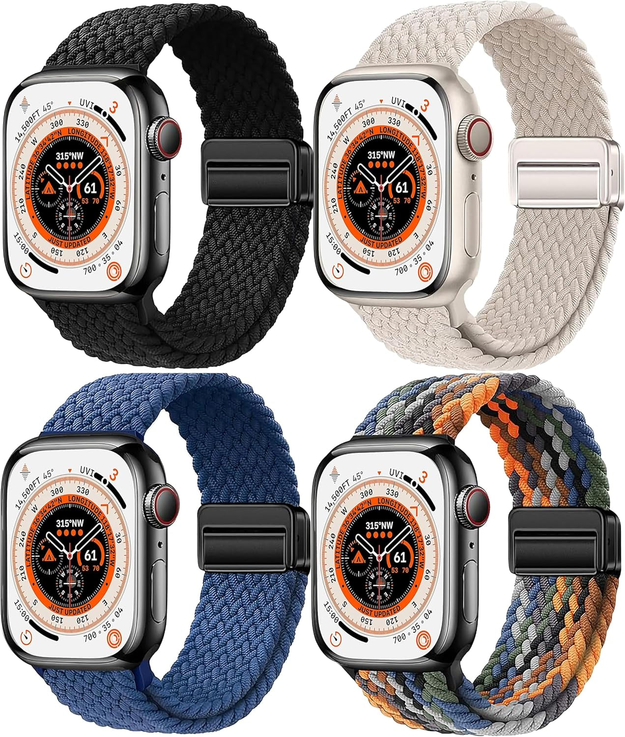 4 Pack Braided Magnetic Band Compatible with Apple Watch Women Men Kids 49Mm 45Mm 44Mm 42Mm 41Mm 40Mm 38Mm, Stretchy Nylon Sport Loop Strap for Iwatch Ultra 2/1 Series 9 8 SE 7 6 5 4 3 2 1