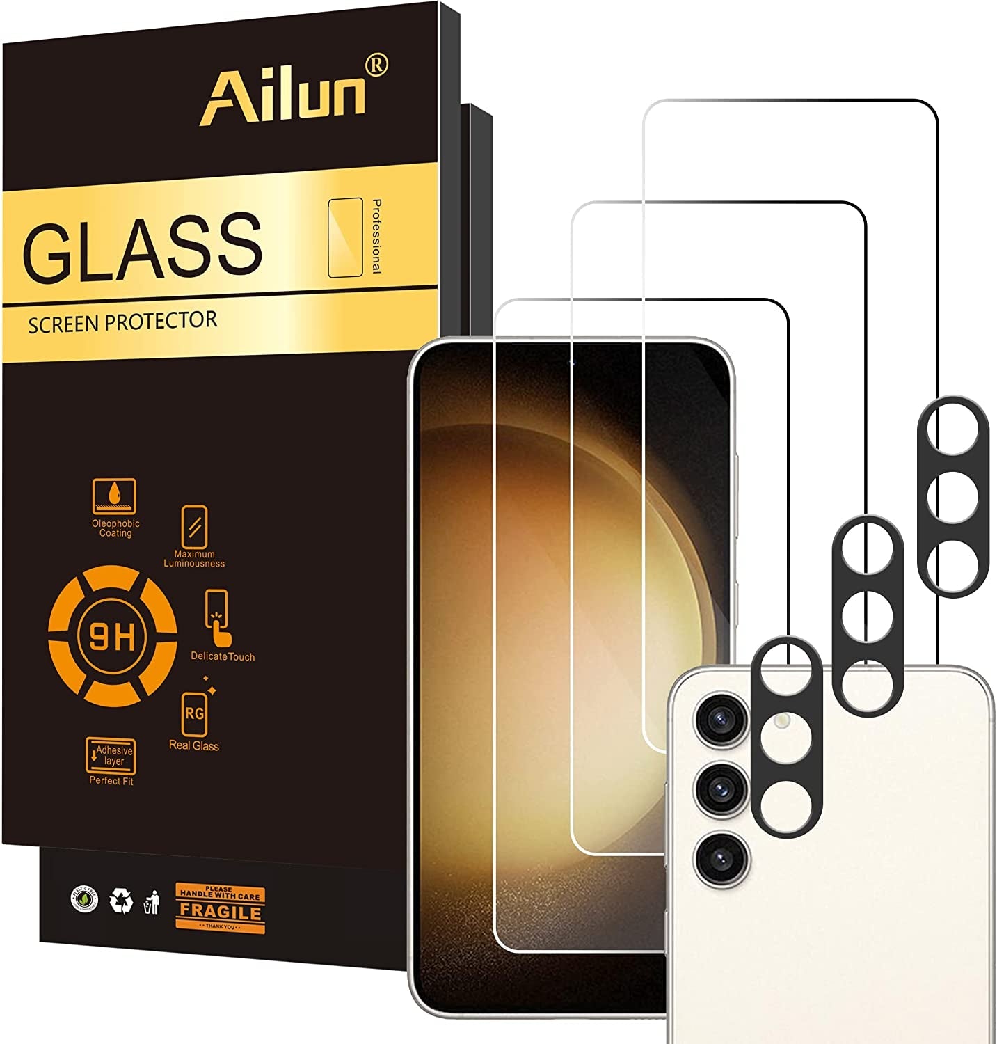 Ailun Glass Screen Protector for Galaxy S24 3 Pack + 3 Pack Camera Lens Tempered Glass Fingerprint Unlock Compatible 0.25Mm Anti-Scratch Case Friendly Clear - HD