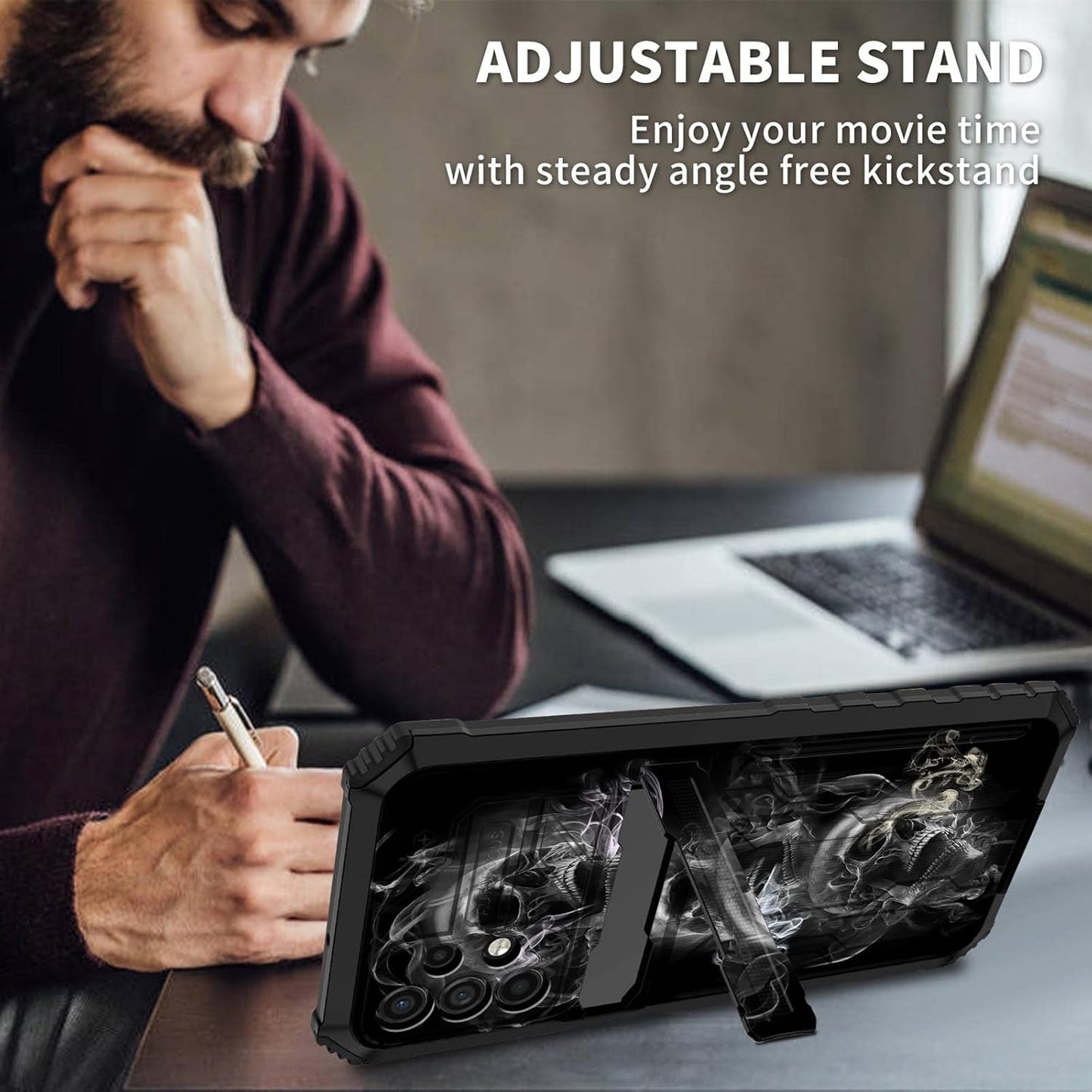 Case for Samsung Galaxy A53 5G with Detachable Card Holder Slot Kickstand Dual Layer Heavy Duty Shockproof Cover Hidden ID Cash Credit Wallet Case for Samsung A53 5G, Smoke Skull