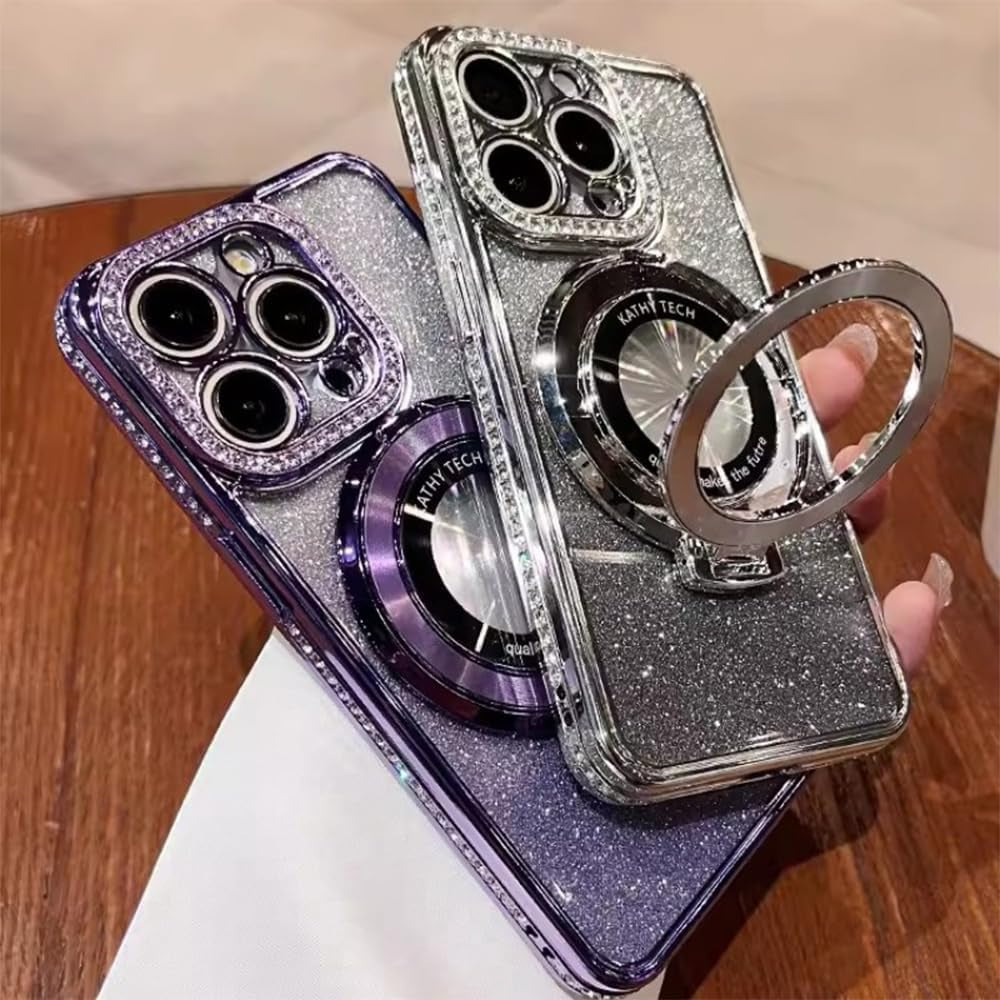 Fycyko Magnetic Case for Iphone 14 Pro with Holder Stand,Rhinestone Glitter Plated Bling Luxury Phone Case（Compatible with Magsafe） Shockproof Kickstand Design for Iphone 14 Pro-Purple  Fycyko   
