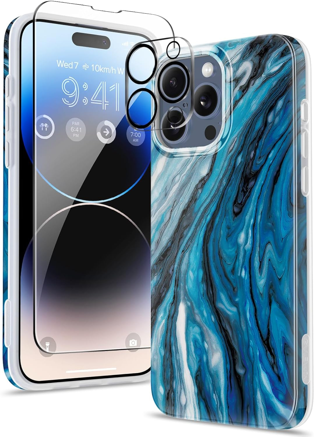 GVIEWIN for Iphone 15 Pro Case with Screen Protector+Camera Lens Protector, [Military Grade Drop Protection] Slim Marble Design Soft TPU Protective Phone Cover for 15 Pro 6.1" (Flowing Sand/Ink)  GVIEWIN   