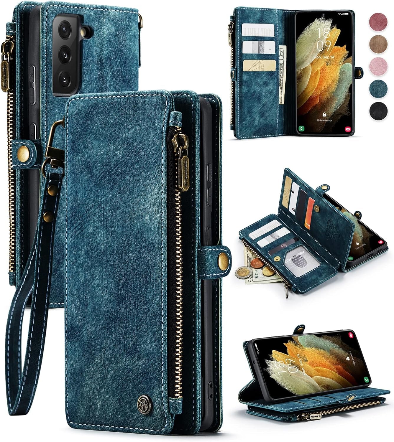 Defencase for Galaxy S22 plus Case, 【RFID Blocking】 for Samsung Galaxy S22 plus Case Wallet for Women Men with Card Holder, Zipper Strap Magnetic Flip PU Leather Phone Case for Samsung S22 Plus, Black