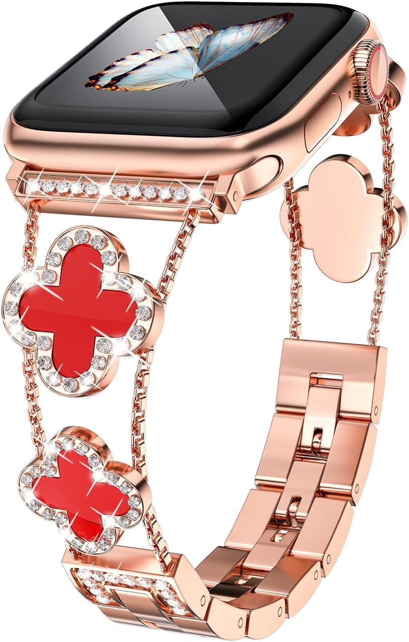 Diamond Metal Band Adds Sparkle to Your Watch - Compatible with Apple Watch Series 8/7/6/5/4/3/2/1Se/Ultra - Clover Is Simple and Stylish, Fits Women'S Sizes 38Mm 40Mm 41Mm 42Mm 44Mm 45Mm 49Mm.(Gold/Black, 42Mm/44Mm/45Mm)