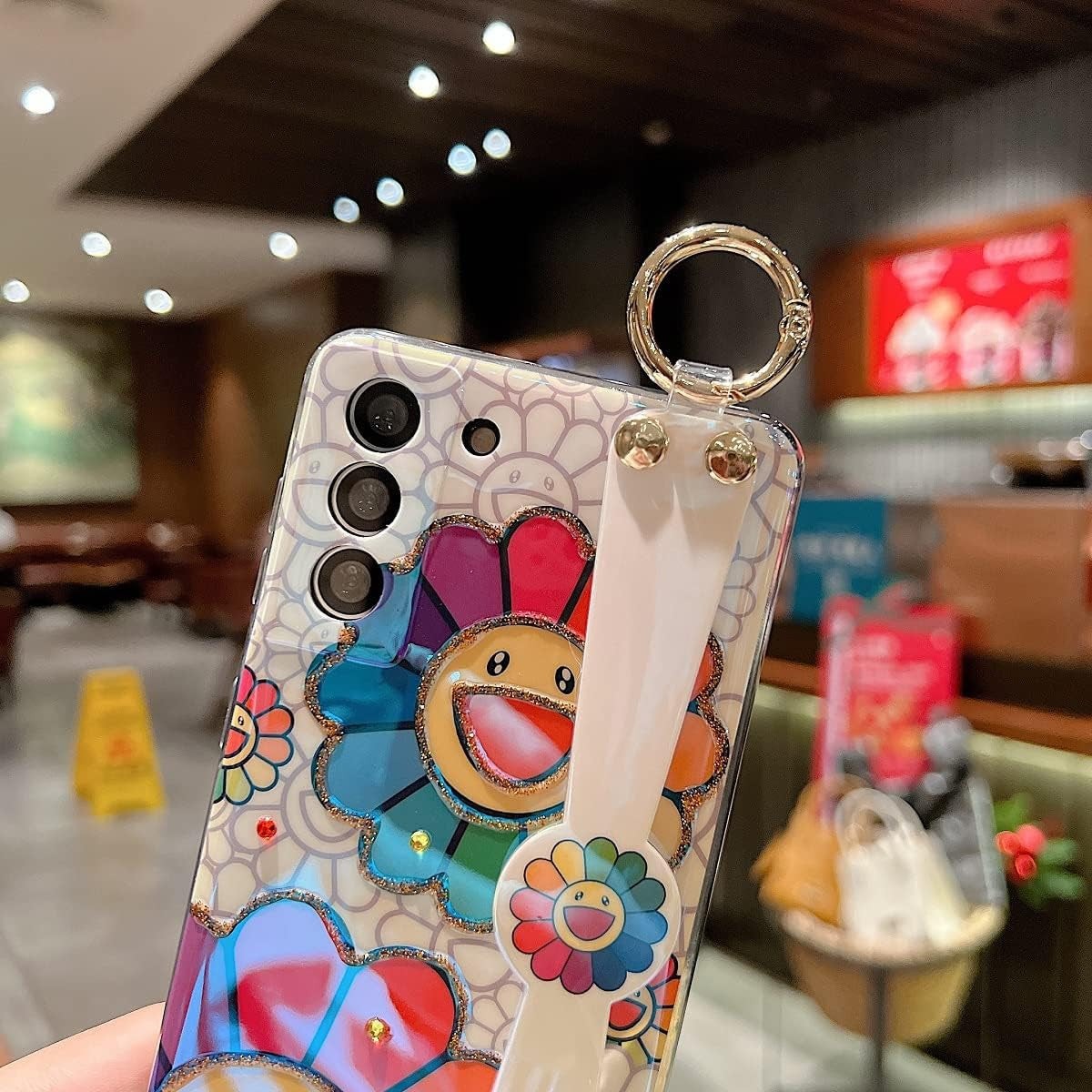 For Samsung Galaxy S22 plus Case Cute with Wrist Strap Kickstand Case 6.6" 5G Glitter Bling Cartoon IMD Soft TPU Shockproof Protective Phone Cases Cover for Girls and Women - Sunflower