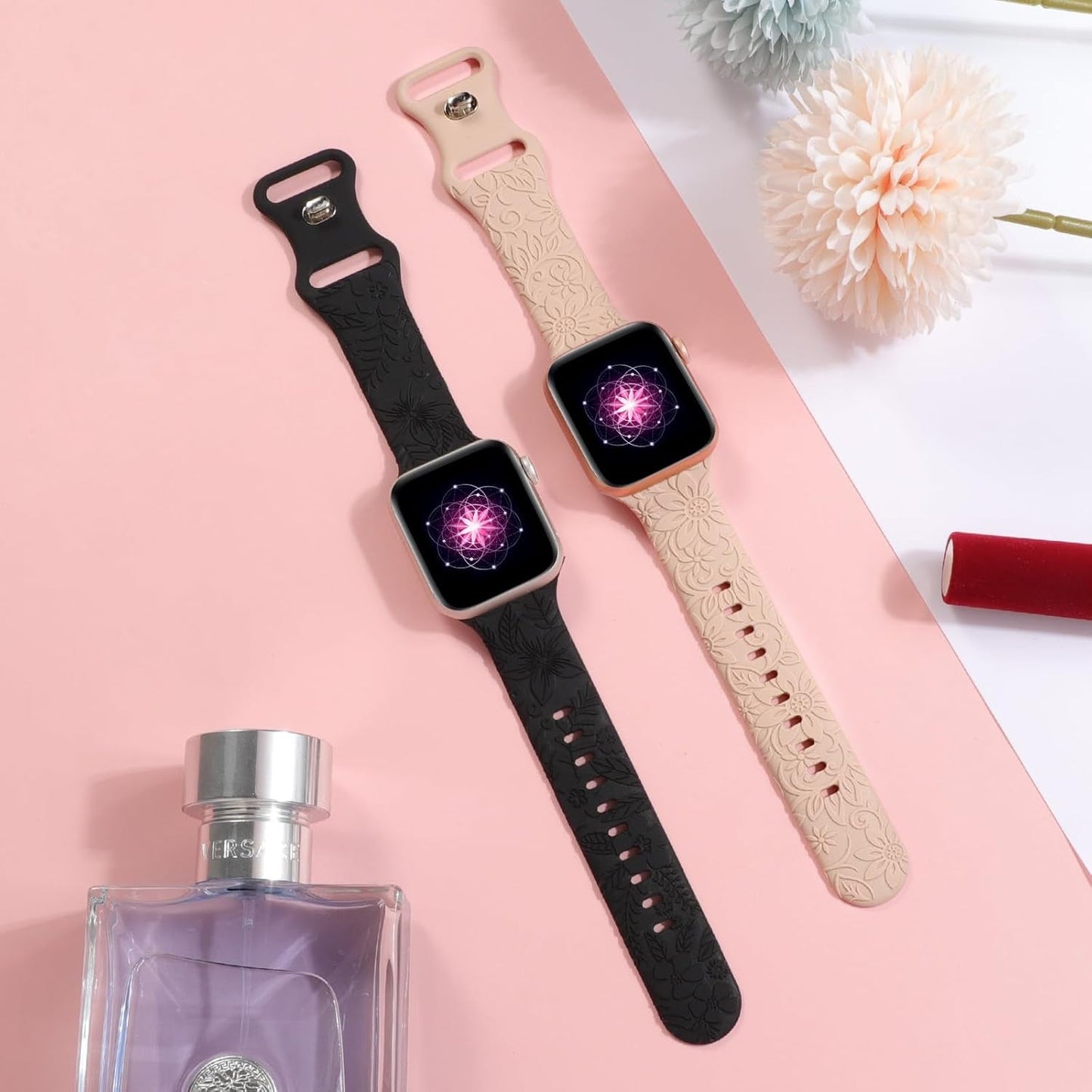 Floral Engraved Band Compatible with Apple Watch Bands 40Mm 41Mm 38Mm 42Mm 44Mm 45Mm 49Mm Women, Cute Soft Flower Silicone Designer Sport Strap for Iwatch Ultra 2 SE Series 9 8 7 6 5 4 3 2 1
