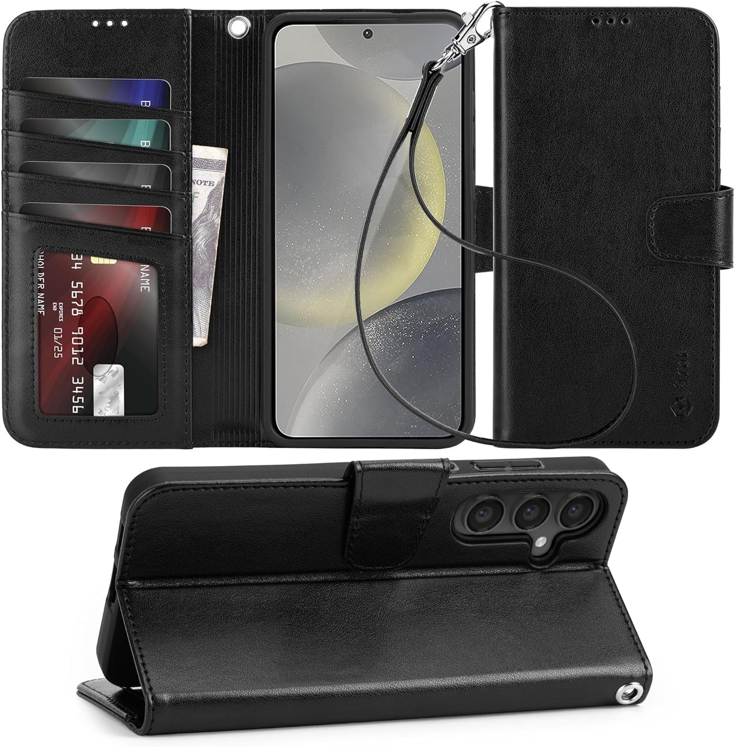 Arae Case for Samsung Galaxy S22 Ultra 5G PU Leather Wallet Case Cover [Stand Feature] with Wrist Strap and [4-Slots] Id&Credit Cards Pocket (S22 Ultra-6.8 Inch, Black)
