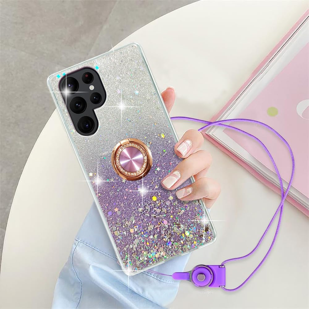 For Samsung Galaxy S22 Ultra Case Phone Case for Women Glitter Cute Luxury Soft Silicone Clear Cover with Stand Bumper Shockproof Full Body Protection Case (Purple, Samsung Galaxy S22 Ultra)