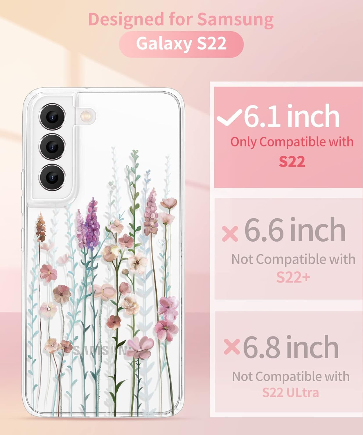 Gronda Case for Samsung Galaxy S22 Cute Floral Design Case for Galaxy S22 anti Yellowing Slim S22 Phone Case for Women, Flowers Blooming