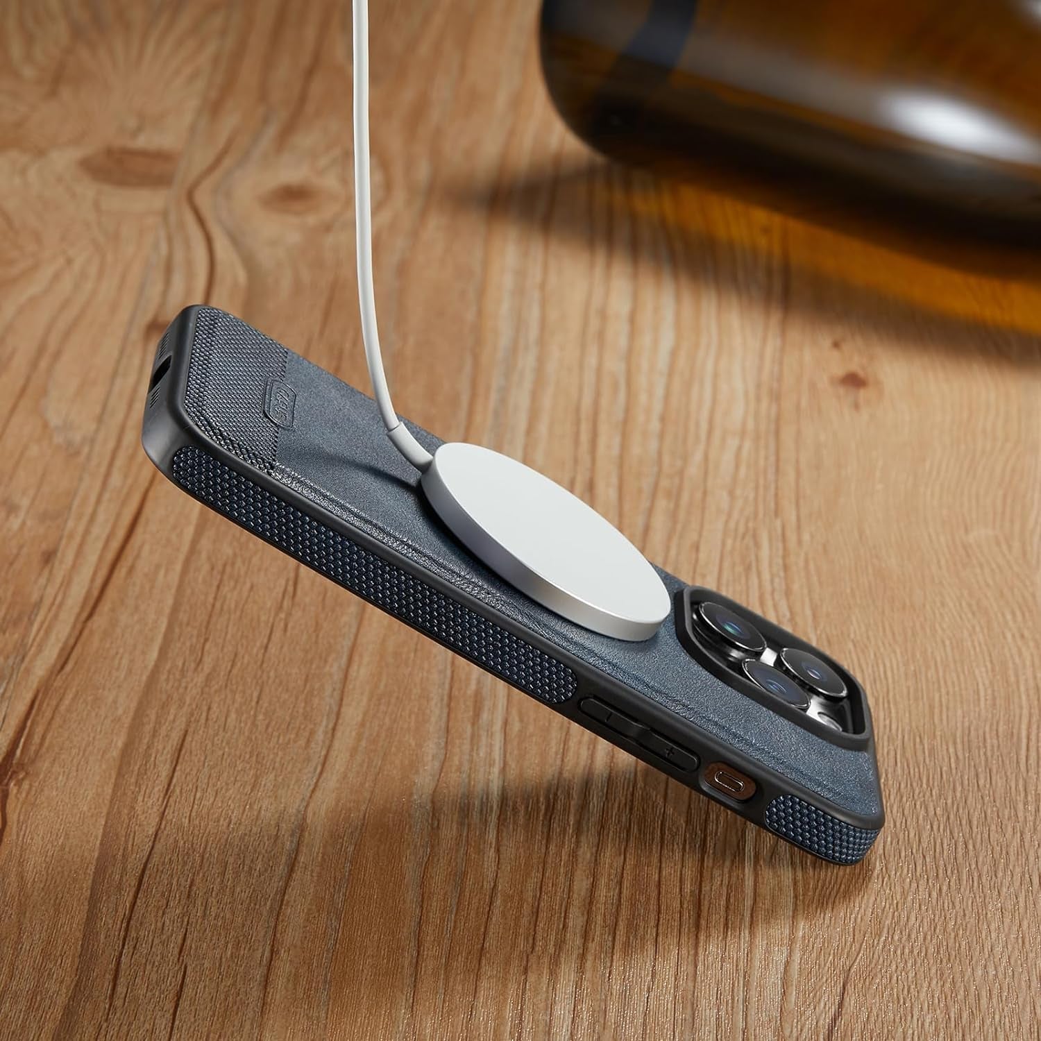 Casus Designed for Iphone 15 Pro Case Compatible with Magsafe Leather Slim Logo View Luxury Elegant Thin Cover with Tempered Glass Screen Protector (2023) 6.1" - Blue  Casus   