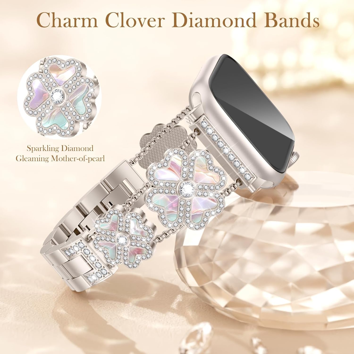 Diamond Metal Band Compatible with Apple Watch Bands Women 38Mm 40Mm 41Mm 42Mm 44Mm 45Mm 49Mm, Fashion Four Leaf Clover Jewelry Bracelets Straps for Iwatch SE Series 9 8 7 6 5 4 3 2 1 Ultra