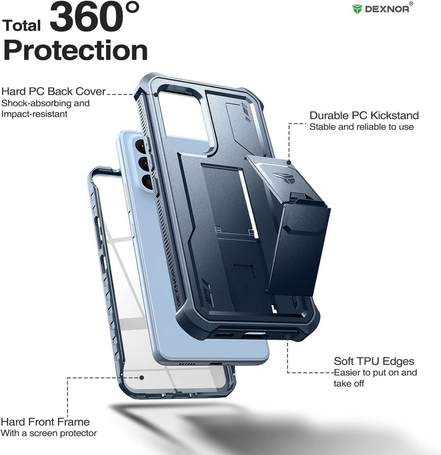 Dexnor for Samsung Galaxy A53 5G Case, [Built in Screen Protector and Kickstand] Heavy Military Grade Protection Shockproof Protective Cover for Samsung Galaxy A53 5G (Navy Blue)