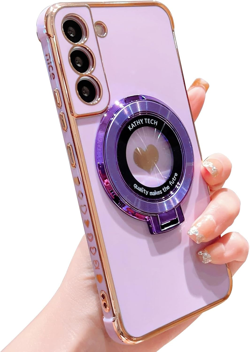 For Samsung Galaxy S22 plus Case with Magnetic Ring Stand [Compatible with Magsafe] Cute Love Heart Luxury Electroplate Plating Silicone Shockproof Cover for Galaxy S22 plus 6.6"(Purple)