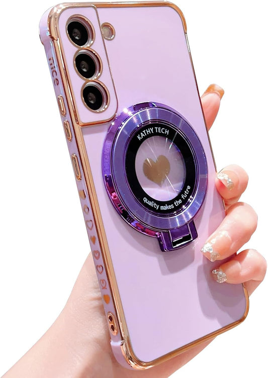 For Samsung Galaxy S22 plus Case with Magnetic Ring Stand [Compatible with Magsafe] Cute Love Heart Luxury Electroplate Plating Silicone Shockproof Cover for Galaxy S22 plus 6.6"(Purple)