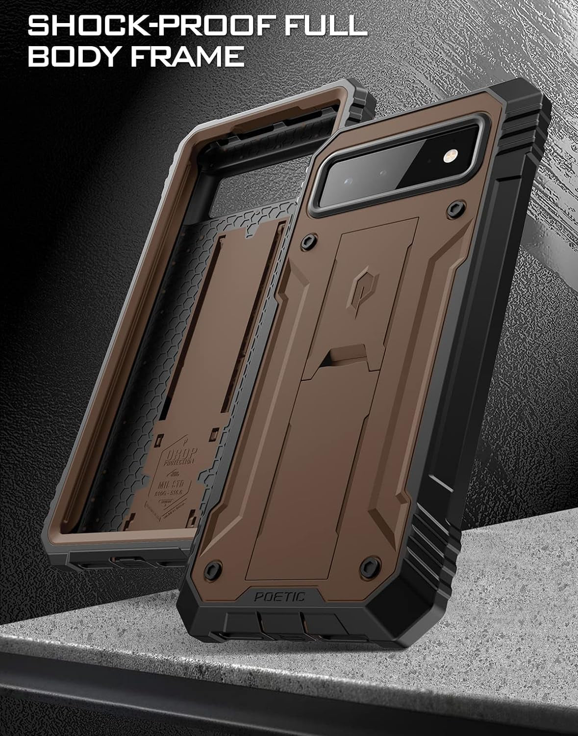 Poetic Revolution Case for Google Pixel 6 5G, Built-In Screen Protector Work with Fingerprint ID, Full Body Rugged Shockproof Protective Cover Case with Kickstand, Brown  Poetic   