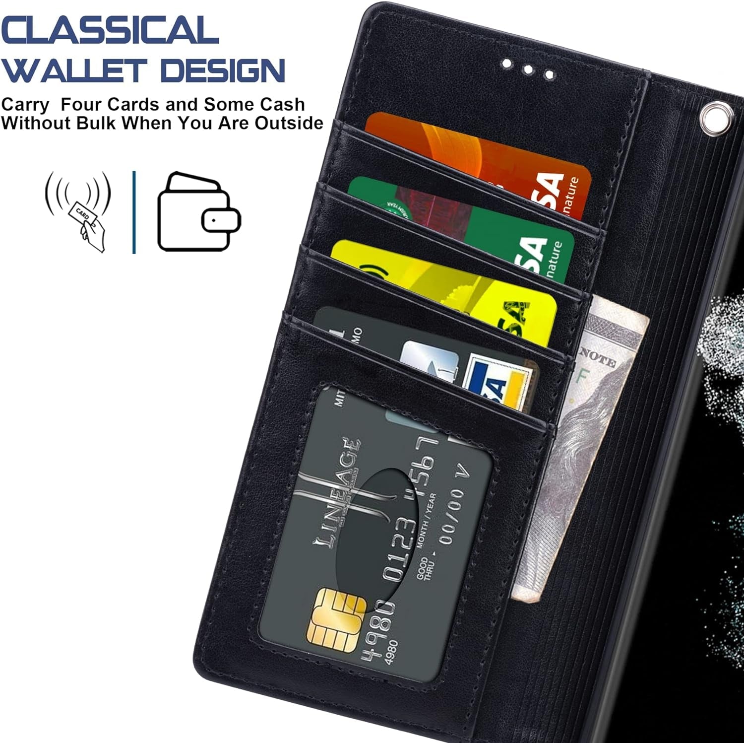 Arae Case for Samsung Galaxy S22 Ultra 5G PU Leather Wallet Case Cover [Stand Feature] with Wrist Strap and [4-Slots] Id&Credit Cards Pocket (S22 Ultra-6.8 Inch, Black)