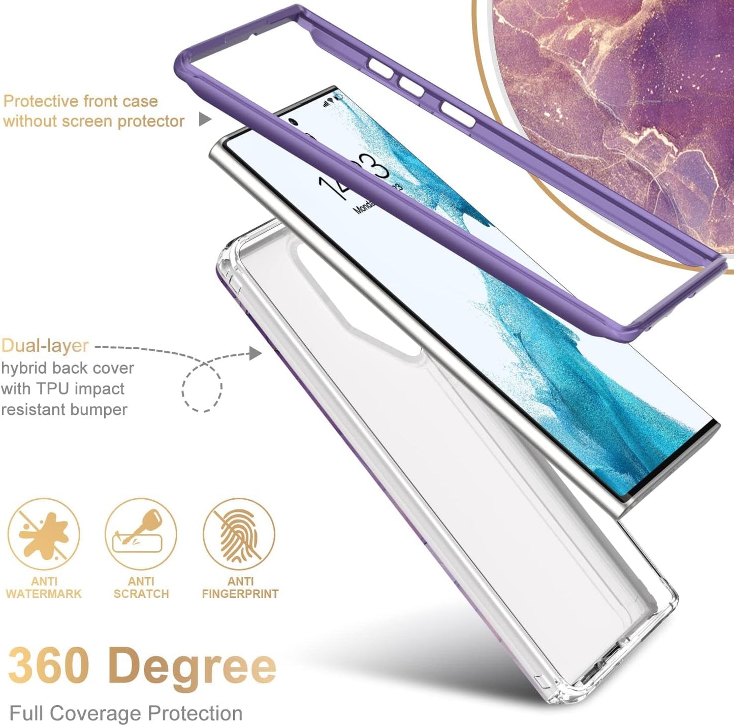 Esdot Compatible with Samsung Galaxy S22 Ultra Case,Passing 21Ft Drop Test,With Fashion Designs for Women Girls,Protective Phone Case for Galaxy S22 Ultra 6.8" Elegant Purple Marble