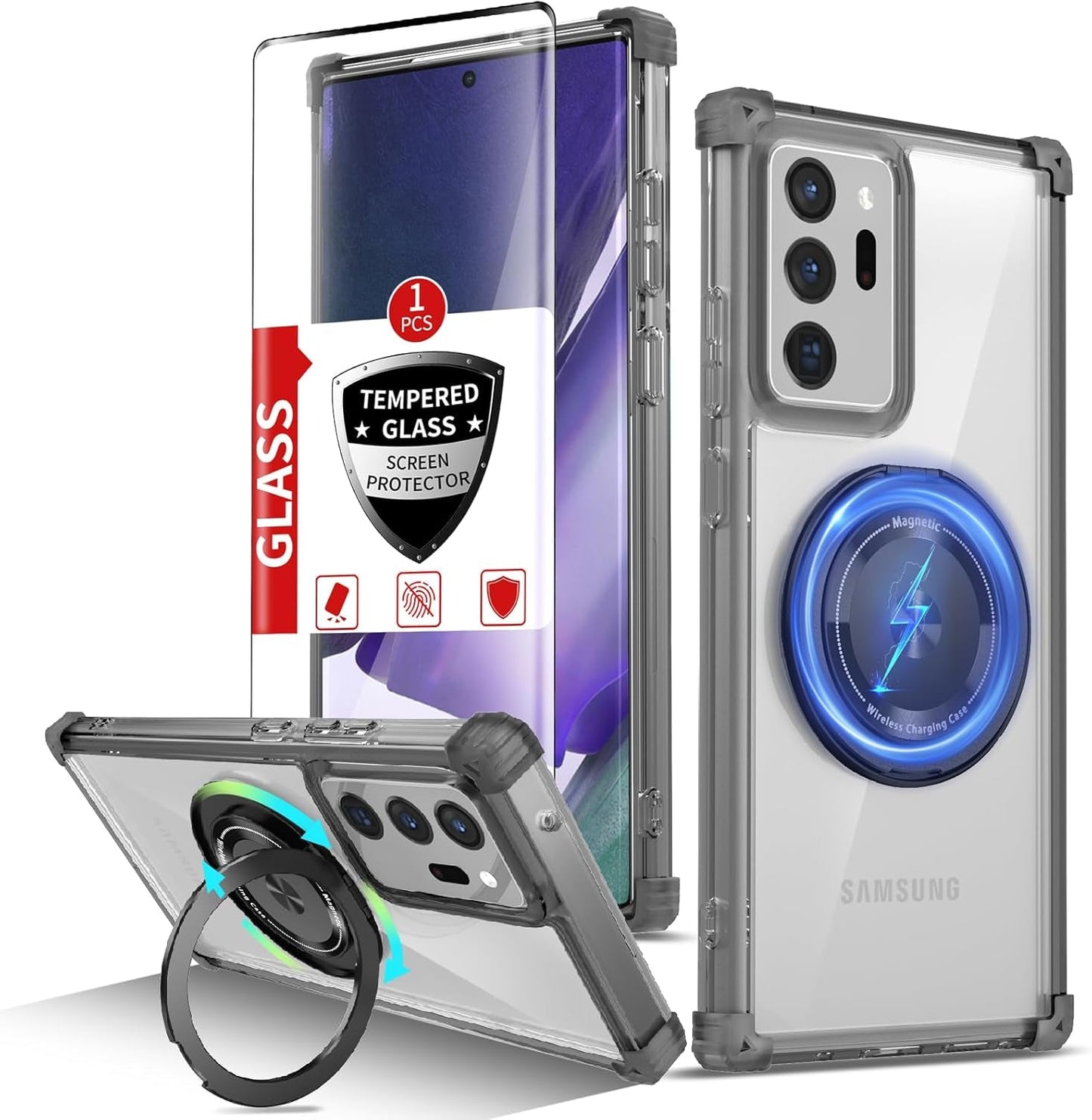 For Samsung Galaxy S22 Ultra Case Magnetic Compatible with Magsafe Galaxy S22Ultra Case with Glass Screen Protector,With Kickstand Military Grade Drop Protection Shockproof S22Ultra Case Clear