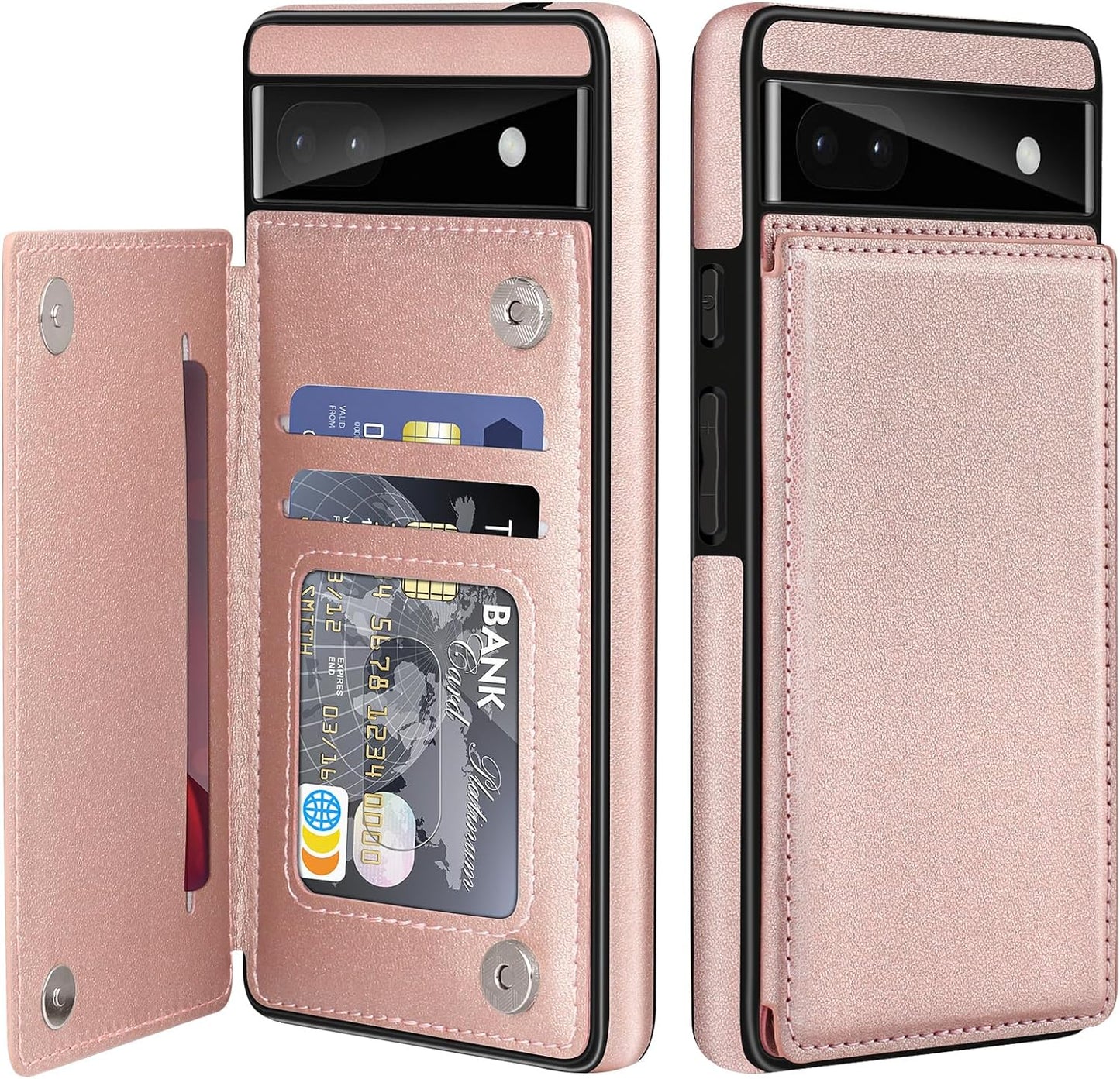 For Google Pixel 6A Case Leather Wallet with Card Holder, Flip Cover Kickstand Card Slots Magnetic Closure Shockproof Heavy Duty Protective Case for Google Pixel 6A 6.1Inch 5G-Rose Gold  Bizzib Rose  