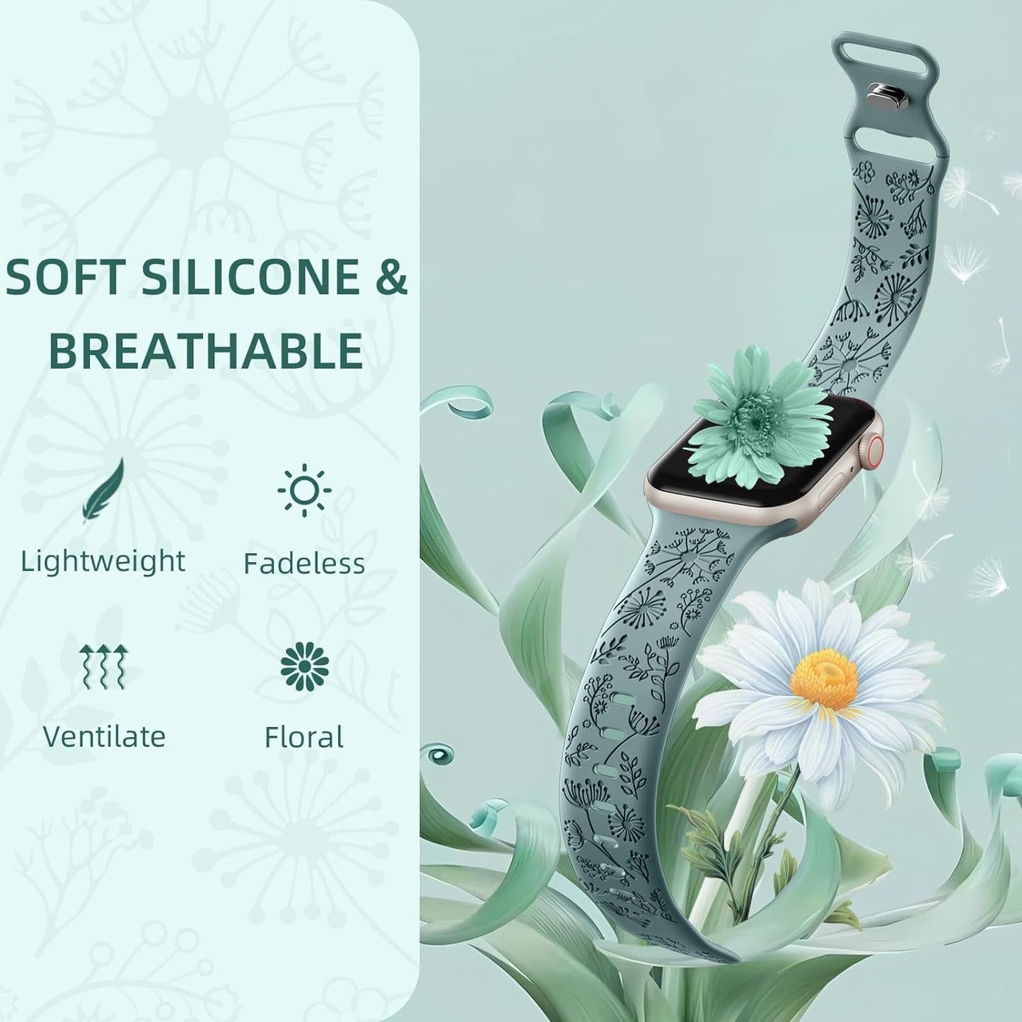 6 Pack Flower Engraved Bands Compatible for Apple Watch Band 40Mm 41Mm 38Mm 42Mm 44Mm 45Mm 49Mm Women,Soft Silicone Cute Wildflowers Sport Laser Strap for Iwatch Bands Series 9 Ultra SE 8 6 5 4 3 2 1