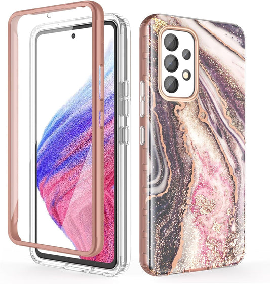 Case Compatible with Samsung Galaxy A53 5G (2022 Released), Marble Stylish Slim Soft TPU, Full Body Protective with Built-In Screen Protector, Shockproof Cover for A53, Black & Pink