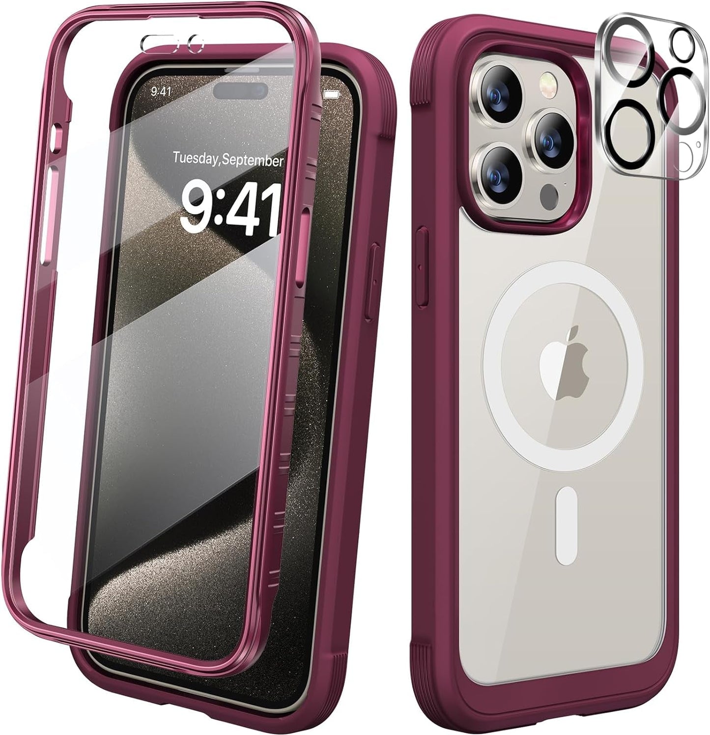 Diaclara Designed for Iphone 15 Pro Case, Full Body Rugged Case with Built-In Touch Sensitive Anti-Scratch Screen Protector, with Camera Lens Protector for Iphone 15 Pro 6.1",Frosted Clear  Diaclara Magnetic Burgundy Iphone 15 Pro 