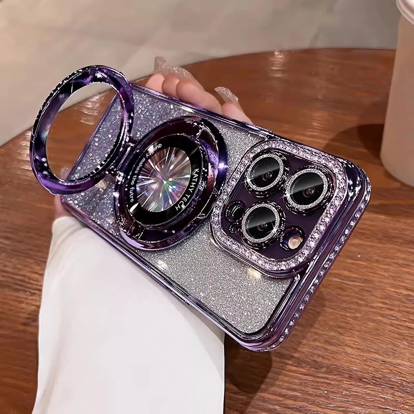 LXK Magnetic Stand for Iphone 15 Pro Max Case, [Compatible with Magsafe][Built-In Camera Lens Protector] Glitter Bling Card & Soft TPU Diamonds Bumper Protection Cover for Women Girls 6.7" (Pink)  Studyogt Purple Iphone 15 Pro Max (6.7 Inch) 