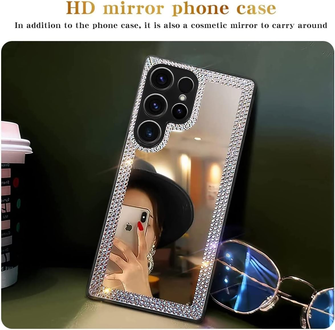 Cavdycidy Compatible with Samsung Galaxy S22 Ultra Mirror Case with Diamond,Girly Bling Acrylic Mirror Phone Case That Can Be Used for Outdoor Makeup for Women Girl