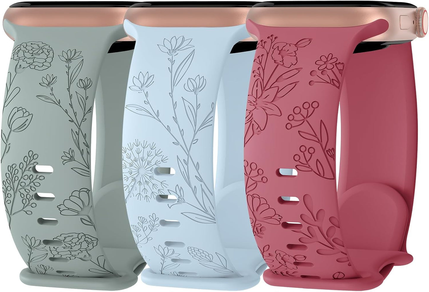 3 Pack Floral Engraved Silicone Bands Compatible with Apple Watch Band 38Mm 40Mm 41Mm 42Mm 44Mm 45Mm 49Mm Women, Soft Sport Wildflower Strap for Iwatch Ultra Series 9 8 SE 7 6 5 4 3 2 1