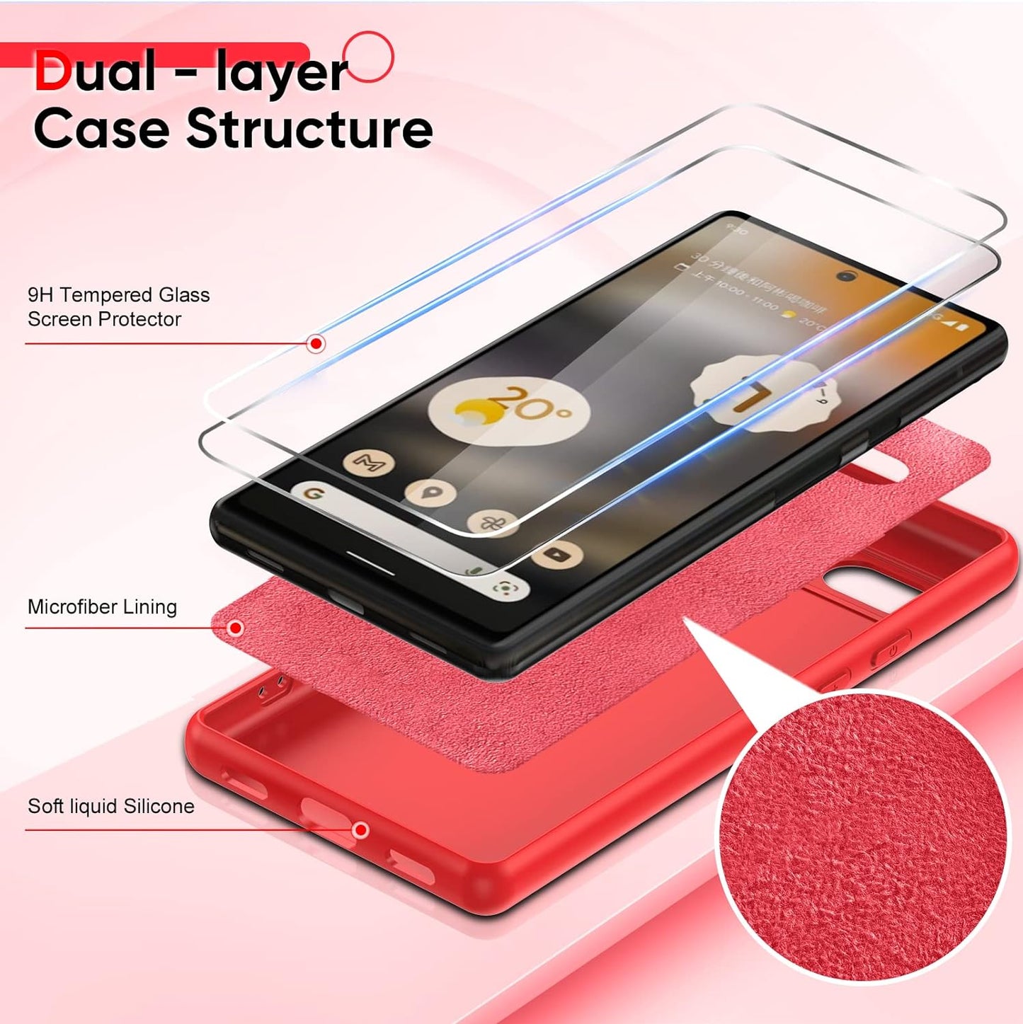 Leyi for Pixel 6A 5G Case: Google Pixel 6A Case with [2 Pack] Tempered Glass Screen Protector Liquid Silicone Soft Microfiber Liner Cover Case Pixel 6A, Red  LeYi   