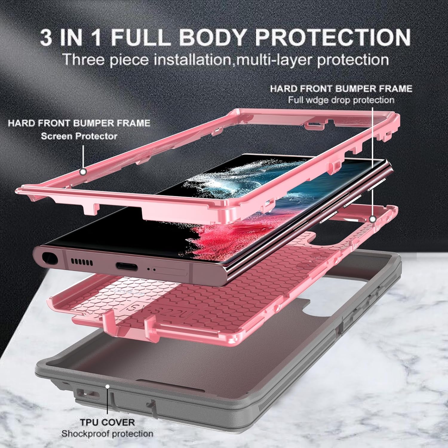 For Galaxy S22 Ultra Case with Soft TPU Film Screen Protector[2 Pack],3 in 1 Shockproof TPU Hard PC Bumper Drop-Proof Shell for Samsung Galaxy S22 Ultra Lihgt Gray/Pink