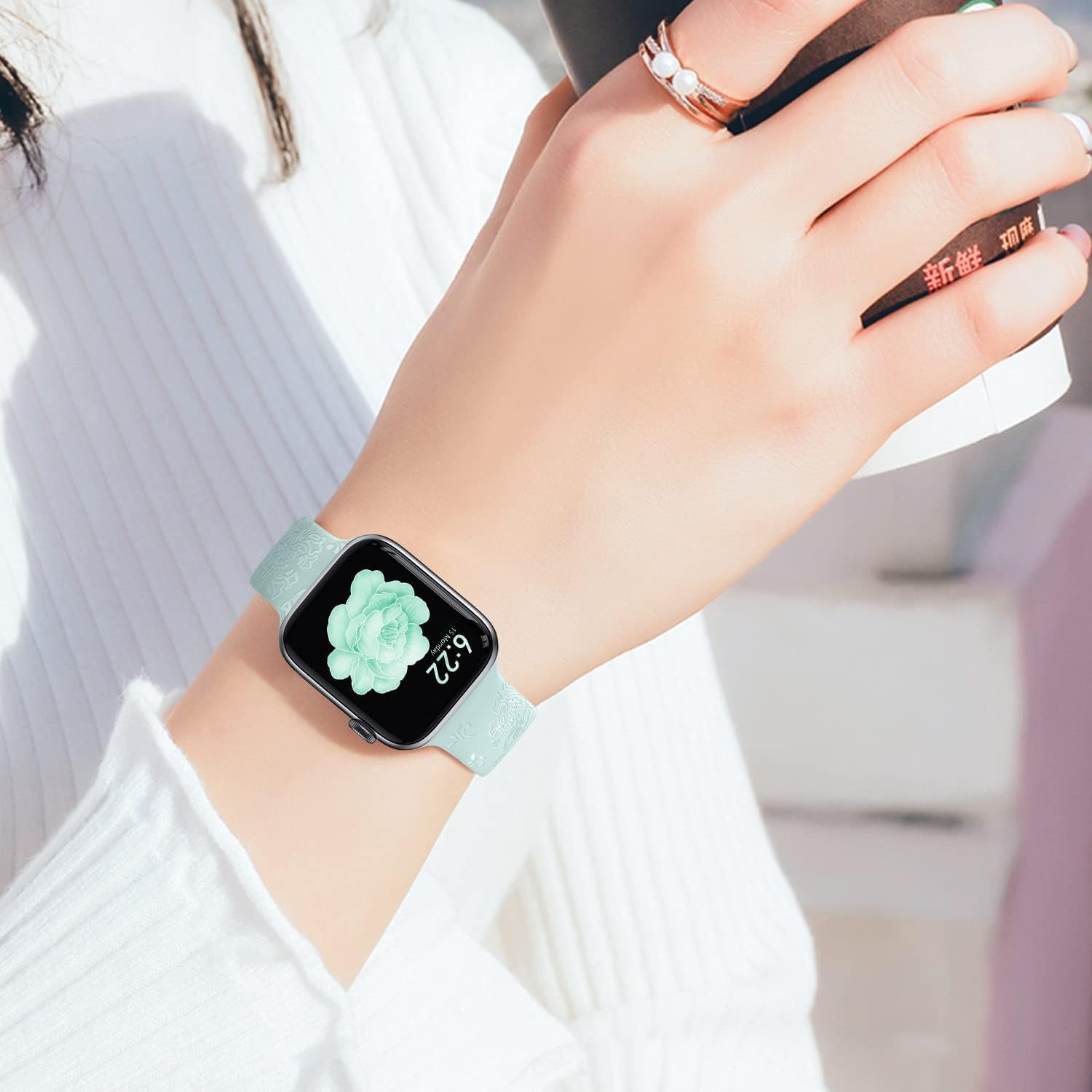 5 Pack Flower Engraved Silicone Band Compatible with Apple Watch Band 42Mm 44Mm 45Mm 47Mm, Elegant Peony Fancy Designer Sport Women Band Replacement for Iwatch Series 8 7 6 5 4 3 2 1 SE