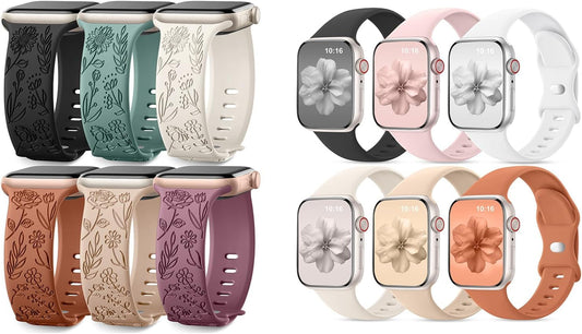 6 Pack Floral Engraved Bands & 6 Pack Sport Bands Compatible with Apple Watch Bands for Women 40Mm 41Mm 38Mm