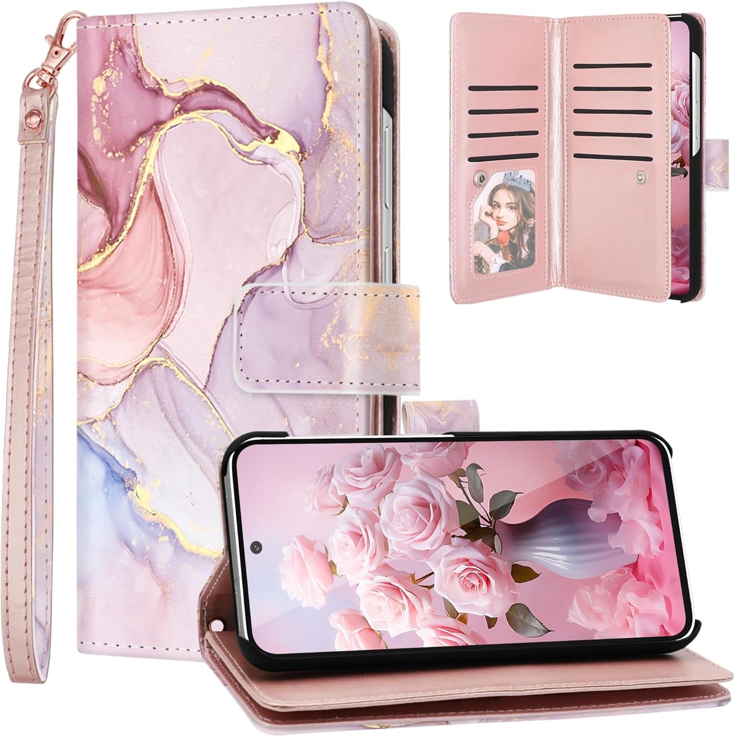 Fingic Compatible with Samsung Galaxy A53 Case Wallet, Rose Gold Marble 9 Card Holder PU Leather Detachable Wrist Strap Wallet Case for Women Cover for Samsung Galaxy A53 5G, Rose Gold