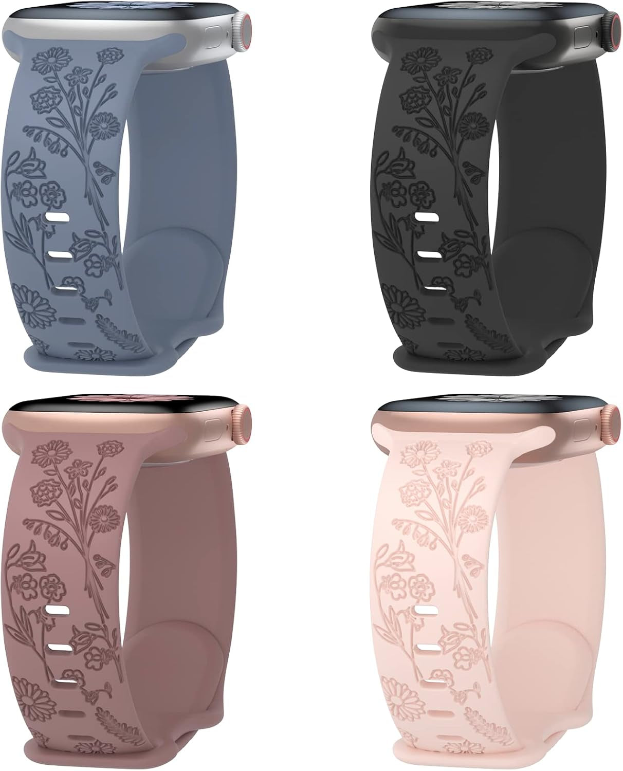 4 Pack Flower Engraved Silicone Band Compatible with Apple Watch Band 38Mm 40Mm 41Mm 42Mm 44Mm 45Mm 49Mm, Women Soft Floral Strap Sport Wristbands for Iwatch Series 9/8/7/6/5/4/3/2/1/Se/Ultra