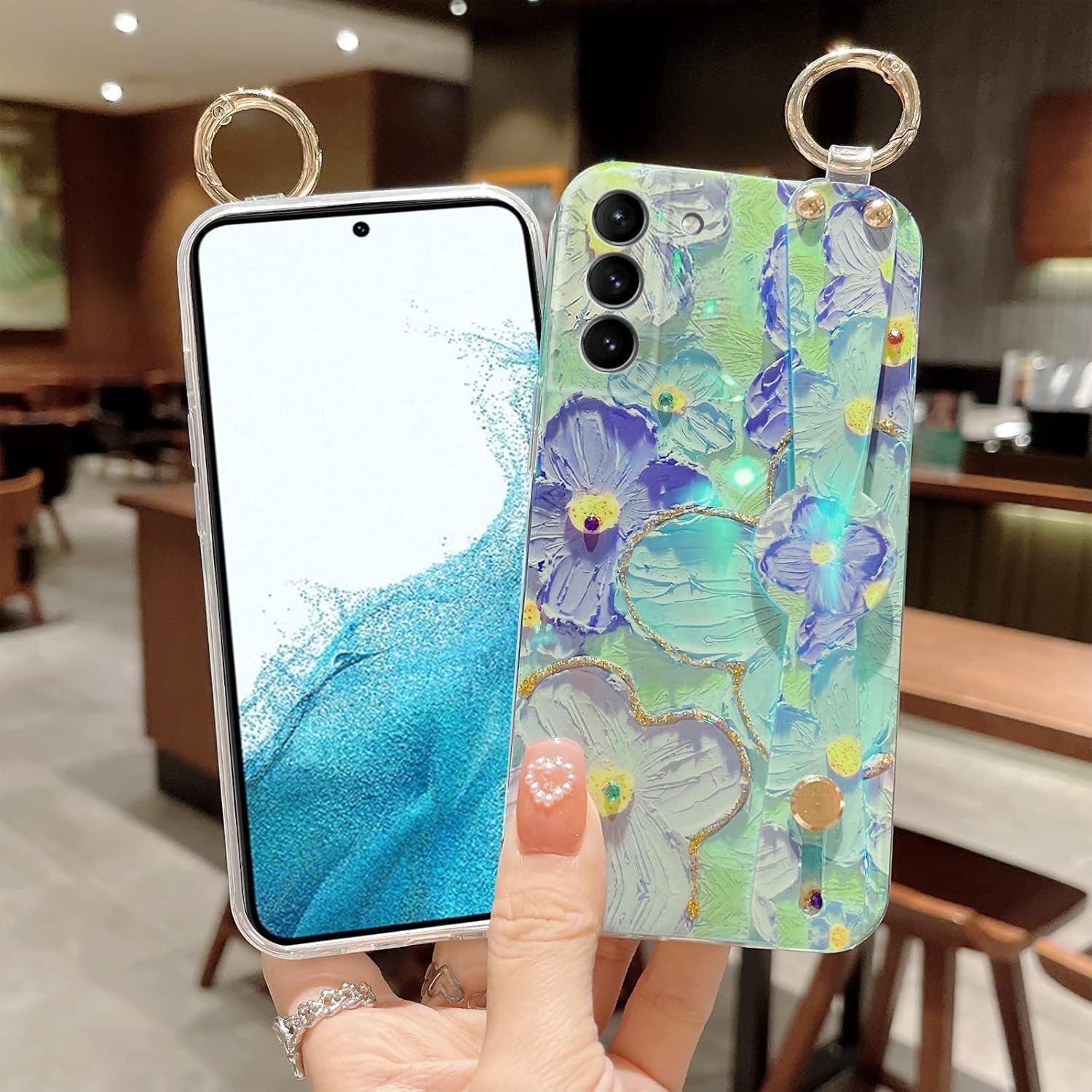 For S22 Phone Case, Galaxy S22 Case for Elegant Cute Flower Petals with Wrist Band Kickstand Ultra Slim IMD Soft TPU Shockproof Protection Holder Cover for Samsung S22