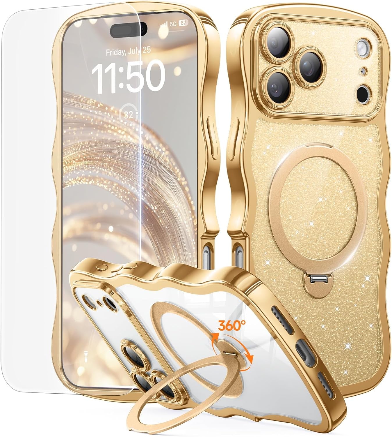 3 in 1 for Iphone 17 Pro Max Case with 360° Spin Magnetic Stand, 1X DIY Glitter Cardstock+1X Screen Protector, [Fit for Magsafe]Cute Wavy Glossy Clear Phone Cover for Women Girls 6.9", Cosmic Orange