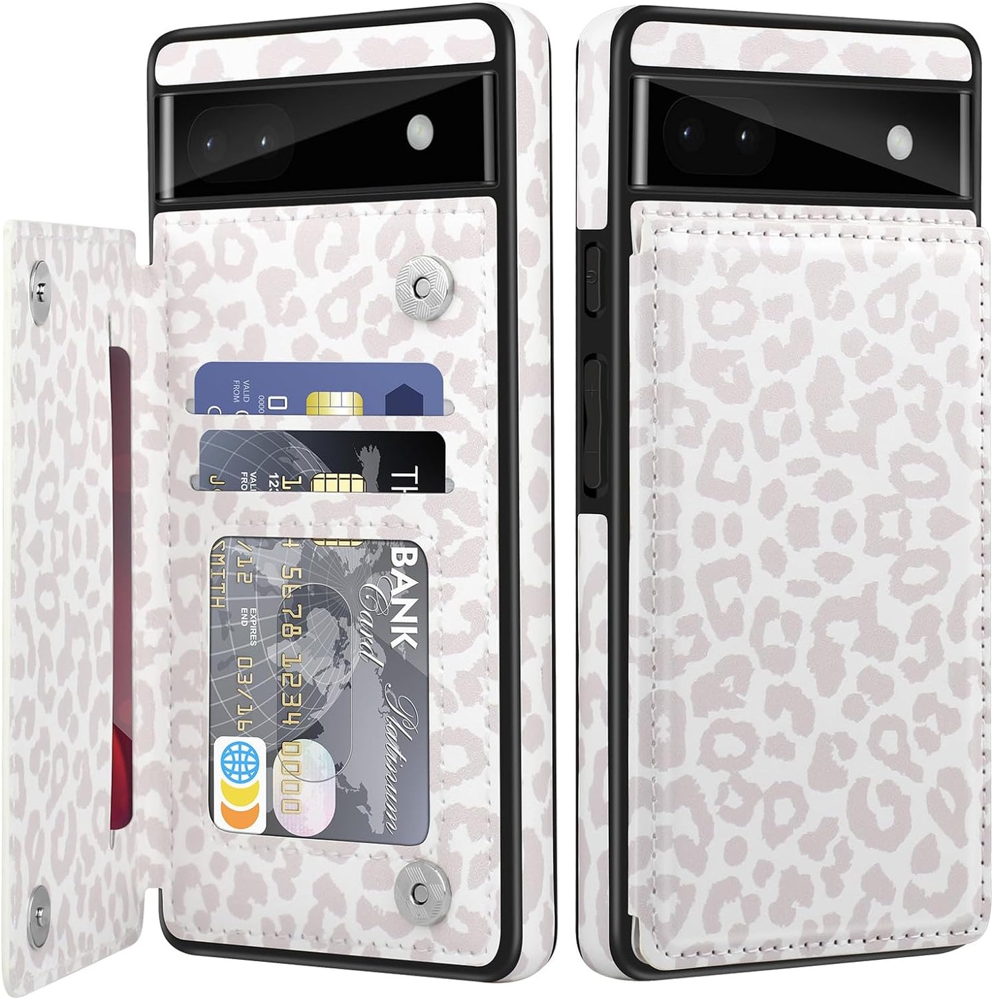 For Google Pixel 6A Case Leather Wallet with Card Holder, Flip Cover Kickstand Card Slots Magnetic Closure Shockproof Heavy Duty Protective Case for Google Pixel 6A 6.1Inch 5G-Rose Gold  Bizzib Leopard White  