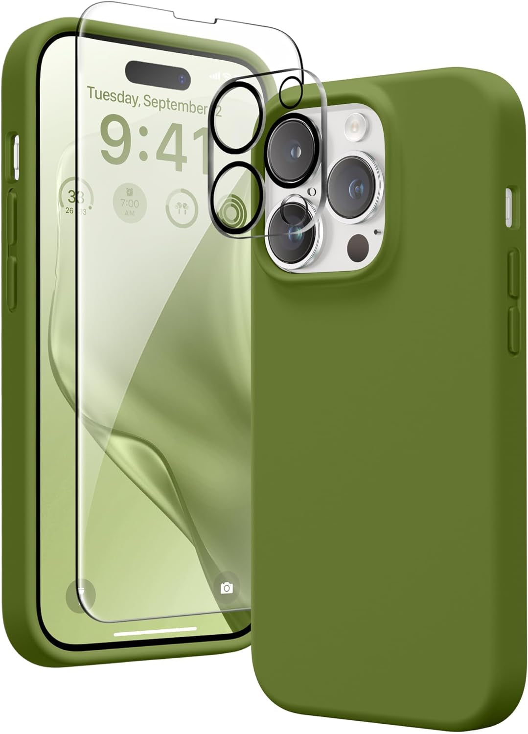 GONEZ for Iphone 14 Pro Case, with 2 Pack Screen Protector + 2 Pack Camera Lens Protector, Soft Anti-Scratch Microfiber Lining, Shockproof Protective Liquid Silicone Phone Cover 6.1'', Blue  GONEZ Cedar Green Iphone 14 Pro 