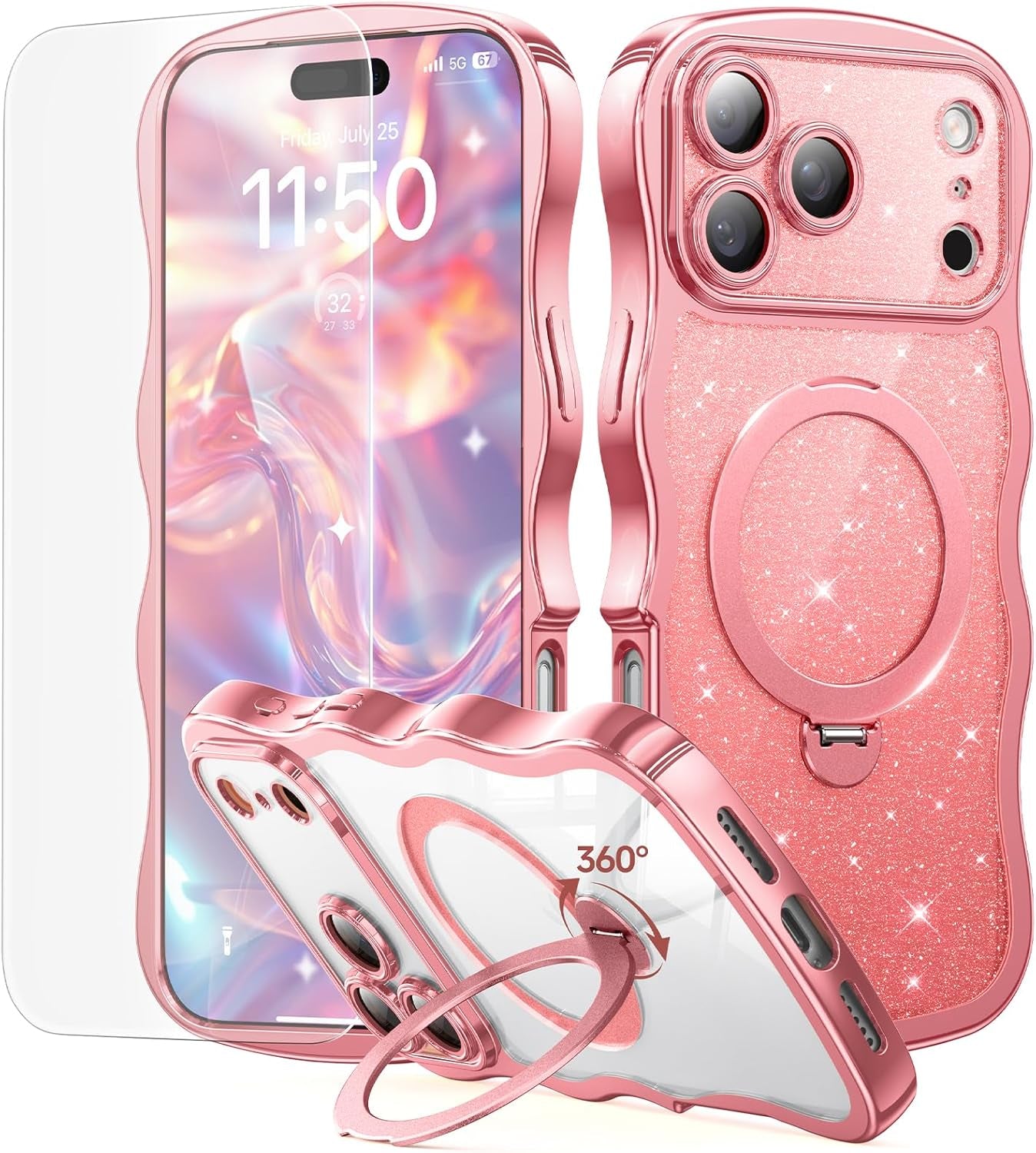 3 in 1 for Iphone 17 Pro Max Case with 360° Spin Magnetic Stand, 1X DIY Glitter Cardstock+1X Screen Protector, [Fit for Magsafe]Cute Wavy Glossy Clear Phone Cover for Women Girls 6.9", Cosmic Orange