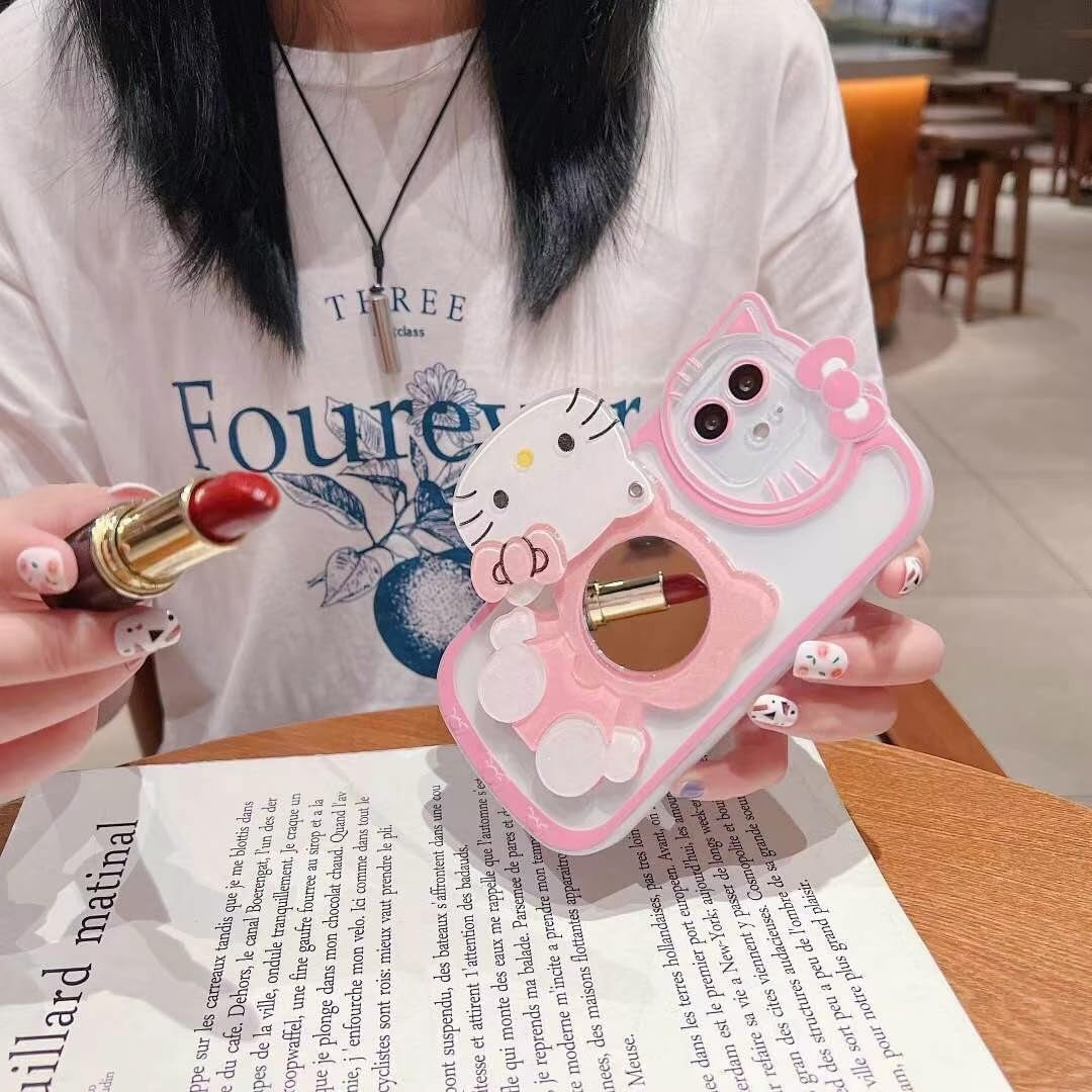 Olntun for Iphone 15 Pro Max Cute Cartoon Cat Case,3D Bow Kawaii Face Makeup Mirror Women Girls Kids Soft TPU Clear Protective Phone Cover Pink  Olntun   