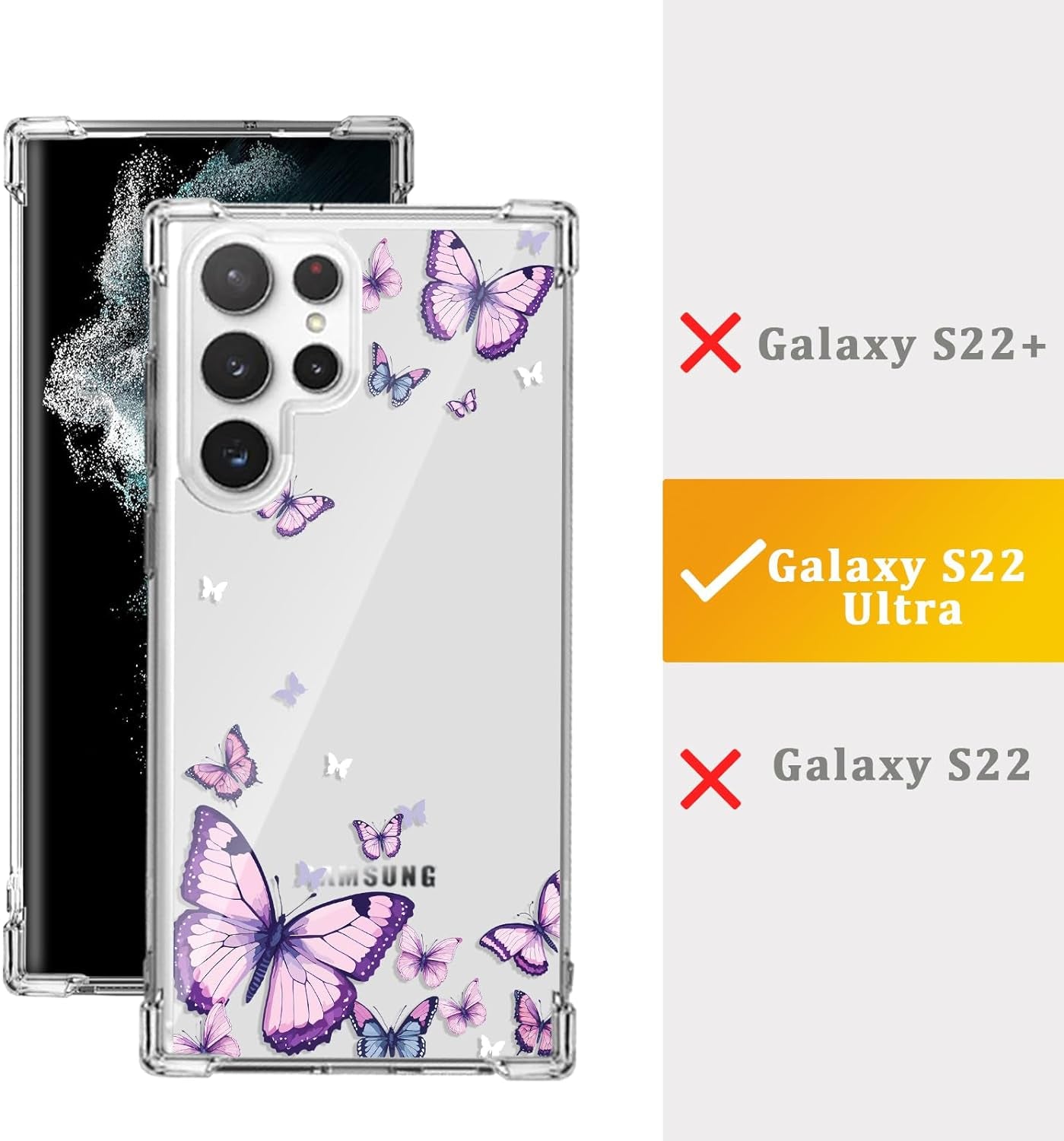 For Samsung Galaxy S22 Ultra Case,Alluring Purple Butterfly Pattern anti Yellowing Slim Hard Cases,Hard PC + TPU Bumper Clear Shockproof Protective Women Phone Cover - Purple