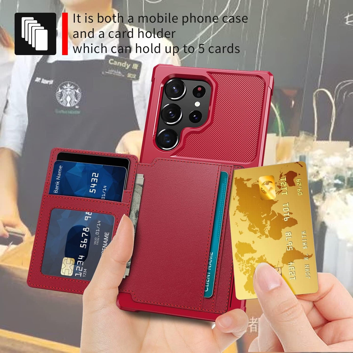 For Samsung Galaxy S22 Ultra Case with Card Holder, Compatible with Magnetic Car Mount, Heavy Duty Shockproof Rugged Soft TPU Back Leather Flip Wallet Cover 6.8 Inch, Red