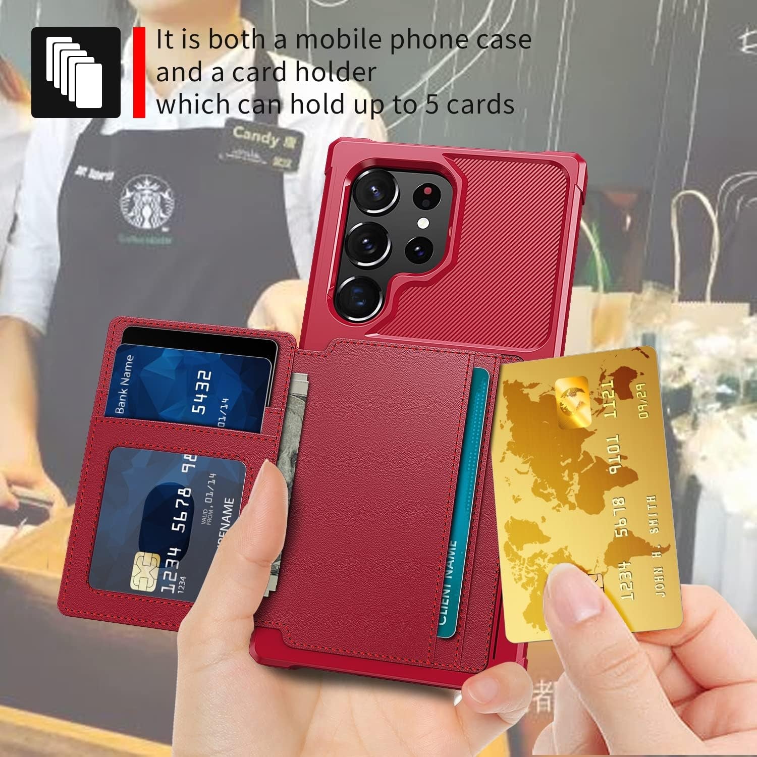 For Samsung Galaxy S22 Ultra Case with Card Holder, Compatible with Magnetic Car Mount, Heavy Duty Shockproof Rugged Soft TPU Back Leather Flip Wallet Cover 6.8 Inch, Red