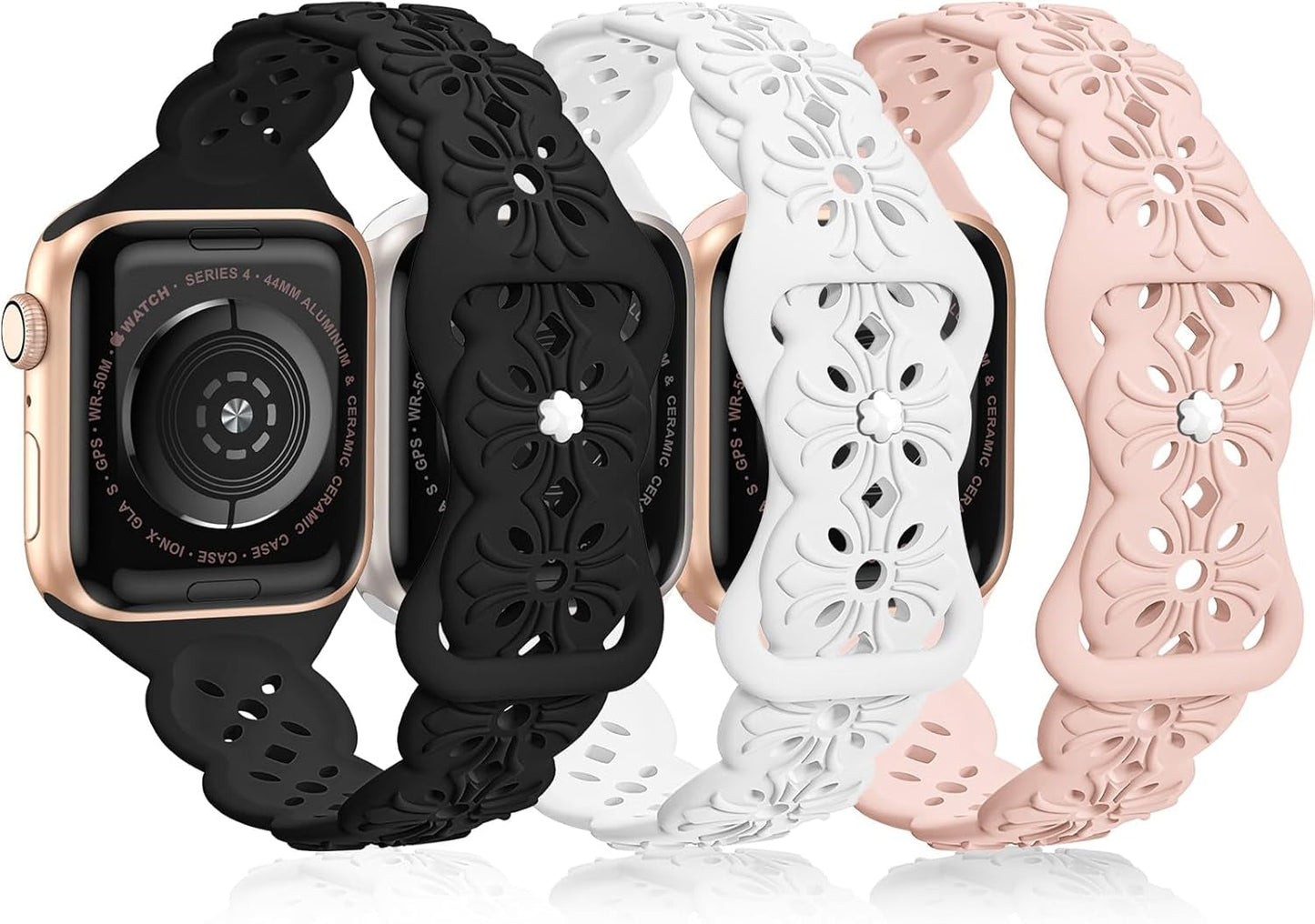 3 Pack Engraved Lace Silicone Bands Compatible with Apple Watch Band 38Mm 40Mm 41Mm 42Mm 44Mm 45Mm 49Mm Women Men, Slim Thin Hollow-Out Sport Strap for Iwatch Series 9/8/7/6/5/4/3/2/1 SE Ultra 2/1