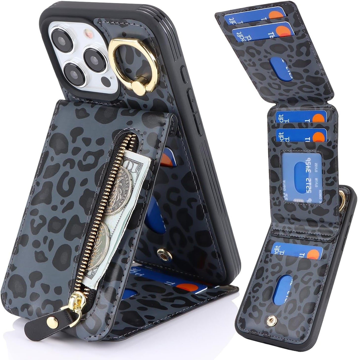 DEYHU Iphone 15 Pro Case with Card Holder, Iphone 15 Pro Phone Case Wallet for Women Magsafe Compatible Wallet Detachable 2-In-1 for Men-Dark Blue  DEYHU B+Black Leopard Iphone 15 Pro 