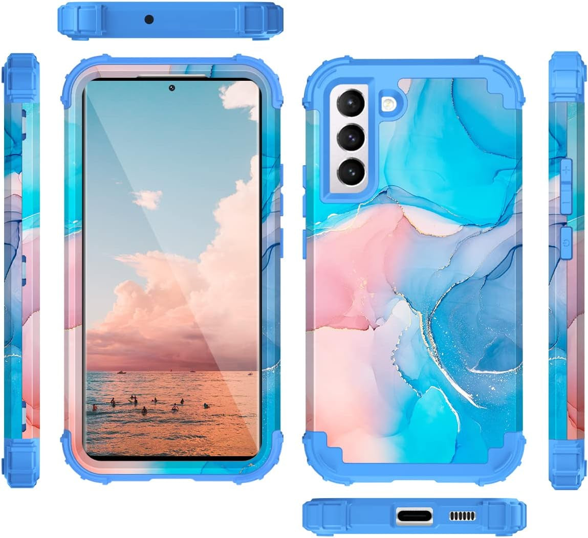 Fingic Galaxy S22 Case,Samsung Galaxy S22 Case Marble 3 in 1 Heavy Duty Protection Hybrid Hard PC Soft Silicone Rugged Bumper Case for Women Men Non-Slip Slim Phone Case for Samsung Galaxy S22,Blue