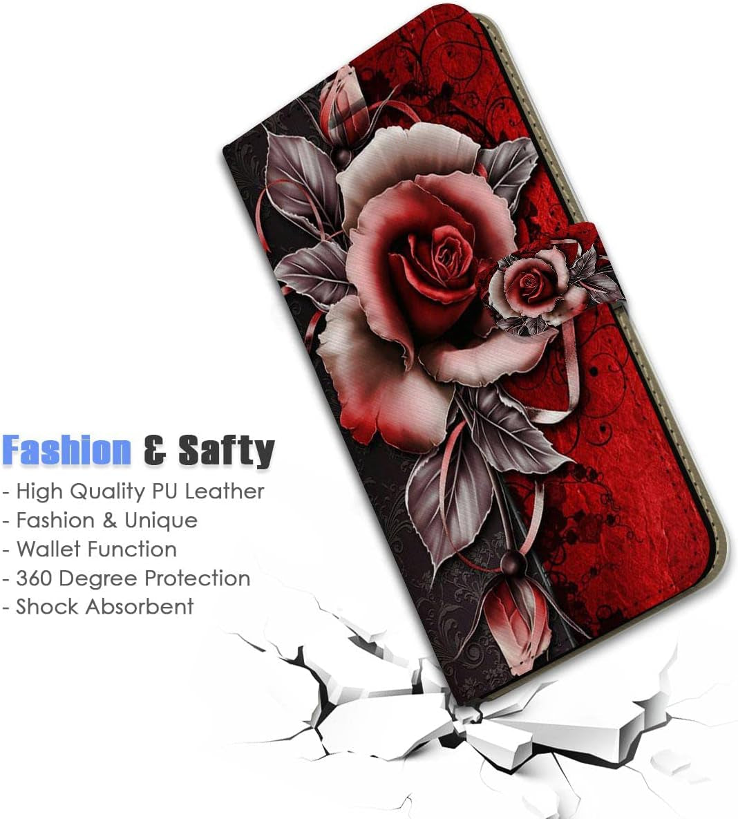 For Samsung S22+, Samsung Galaxy S22 Plus, Art Designed Flip Wallet Style Cover Case Flower Butterfly Dragonfly Full Body Protection AD003 (#24878 Red Gothic Rose S22+)