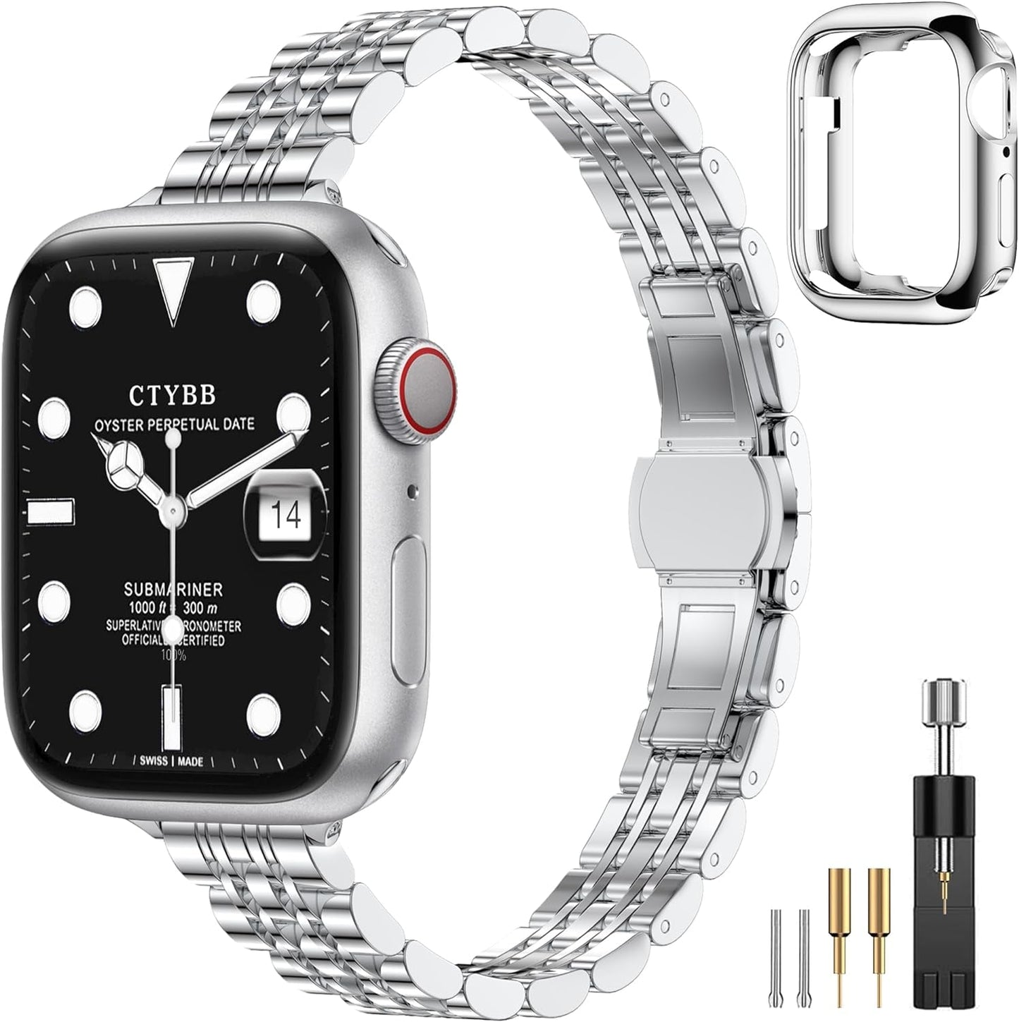 CTYBB Women Slim Band Compatible with Apple Watch Band 38Mm 40Mm 41Mm 42Mm 44Mm 45Mm, Stainless Steel Replacement Straps with Case for Iwatch Bands Series 9 8 7 6 5 4 3 2 1 Se,Silver+Gold