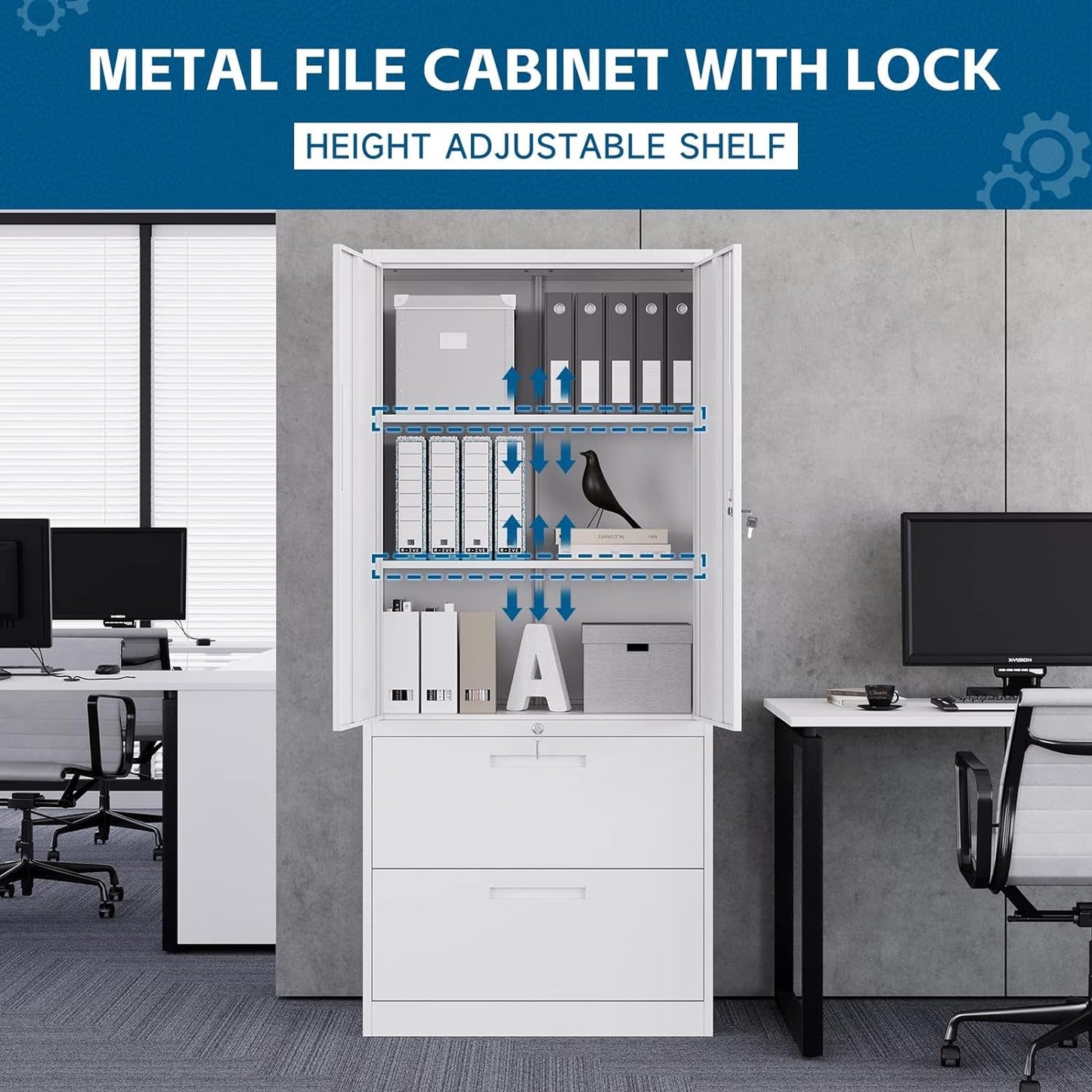 PEUKC 2-Drawer Metal File Cabinet, Lateral Vertical Filing Cabinets for Home Office, Locking File Cabinet with Storage Shelves, Legal/Letter/A4 Size Office File Cabinet, (White, Assemble Required)  PEUKC   